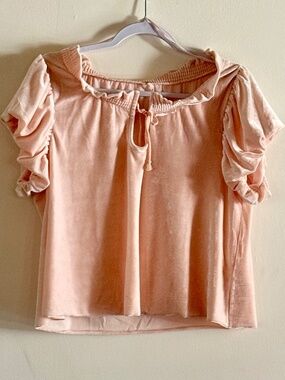 Free People pull over light Pink Velvet Short puffy  Sleeve  Top  s/p